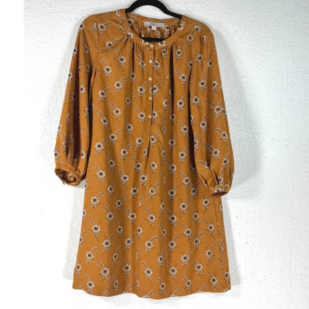 LOFT Orange Floral Shift Dress - S - Long Sleeve Button Front Boho Cottagecore